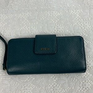 Fossil Leather Wallet Dark teal green gold zip around Pockets Cards cash coins